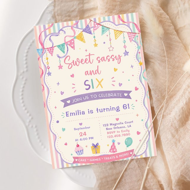 Invitation Douce sassy et six douceurs pastel 6ème anniversai (Créateur téléchargé)
