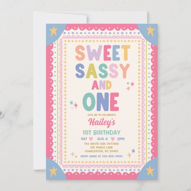 Invitation Douce Sassy Et Une Fille Fantaisiste 1er Anniversa (Devant)