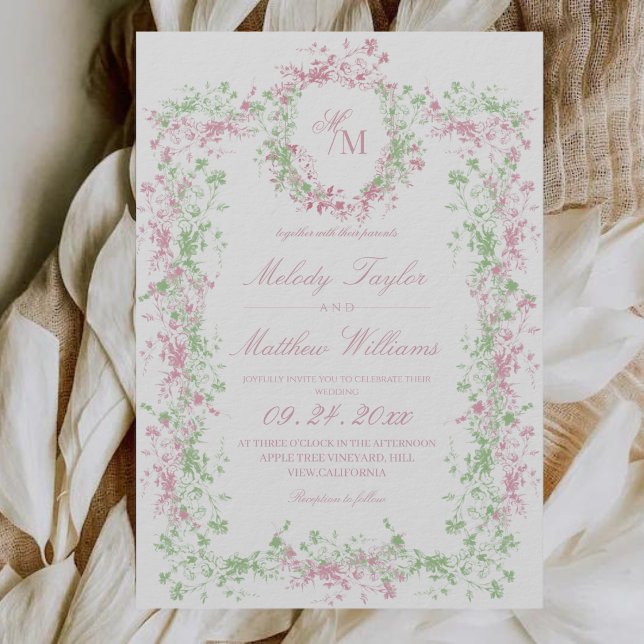 Invitation Douce Sauge Verte & Blush  Floral Crest Mariage (Créateur téléchargé)