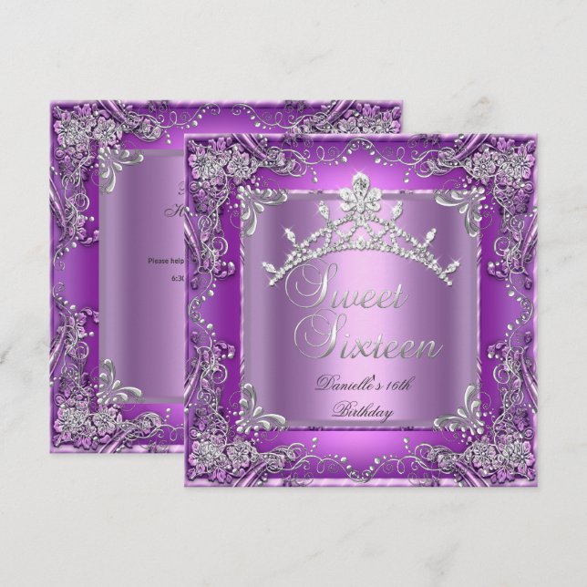 Invitation Douce Seize 16 16ème Anniversaire Fête Violet (Devant / Derrière)