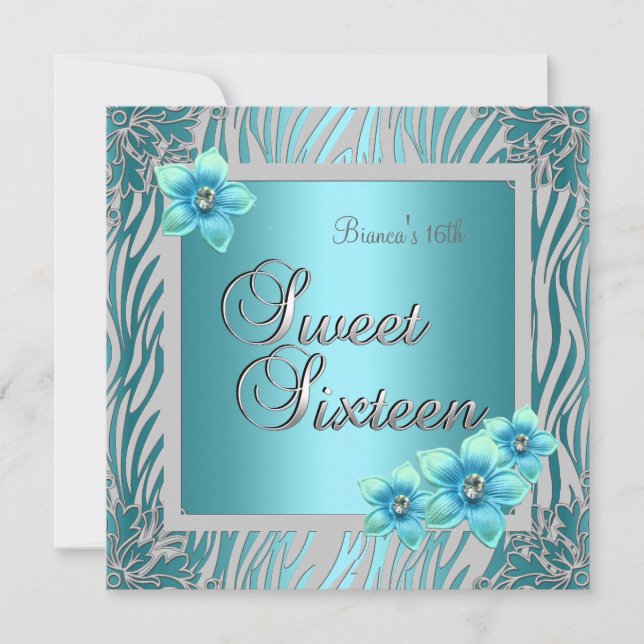 Invitation Douce Seize 16 Anniversaire Fleur Bleue argentée (Devant)