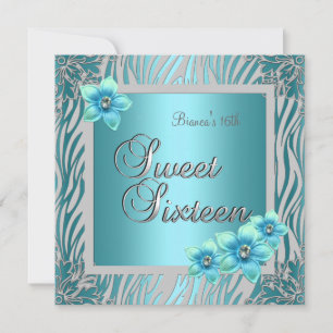 Invitation Douce Seize 16 Anniversaire Fleur Bleue argentée