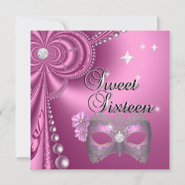 Invitation Douce Seize 16 Anniversaire Masque Diamant Rose Ar (Devant)