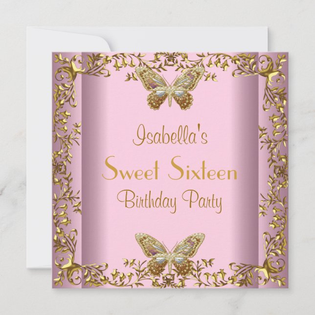 Invitation Douce Seize 16 Anniversaire Rose Papillon Doré (Devant)