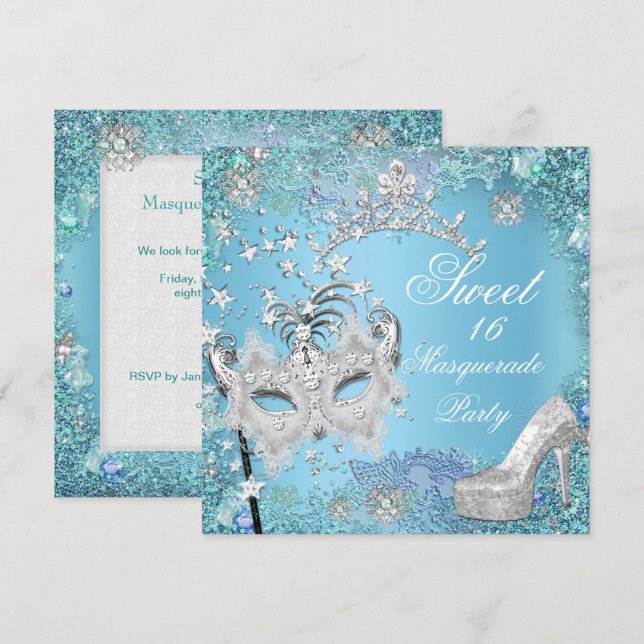 Invitation Douce Seize 16 Bal Masqué Bleu Tiara Chaussure (Devant / Derrière)
