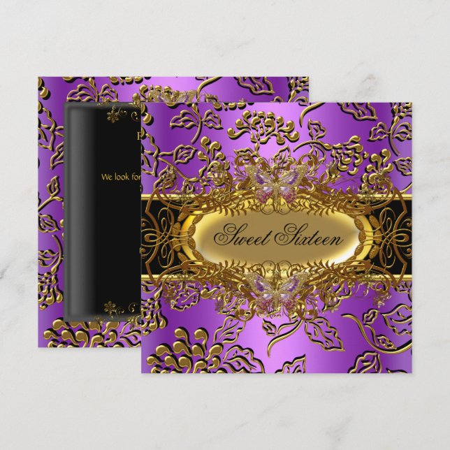Invitation Douce Seize 16 Damassé Violet Or Noir (Devant / Derrière)
