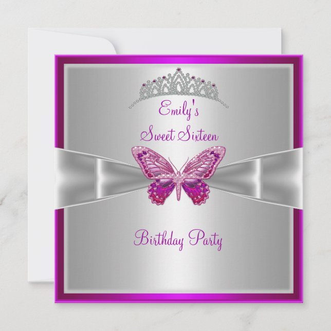 Invitation Douce Seize 16 Fuchsia Rose Argent Diadème 3 (Devant)
