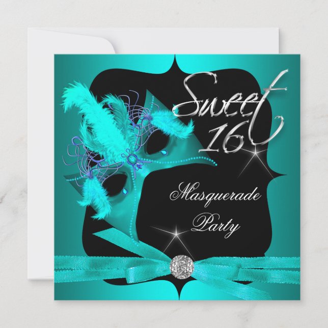 Invitation Douce Seize 16 Mascarade Bleu Sarcelle (Devant)