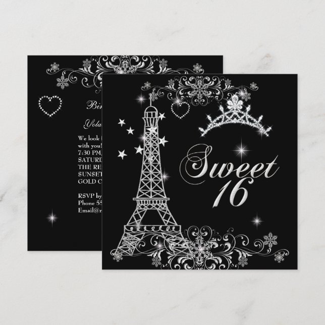 Invitation Douce Seize 16 Noir Argent Paillettes Tour Eiffel (Devant / Derrière)