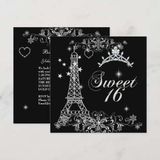 Invitation Douce Seize 16 Noir Argent Paillettes Tour Eiffel