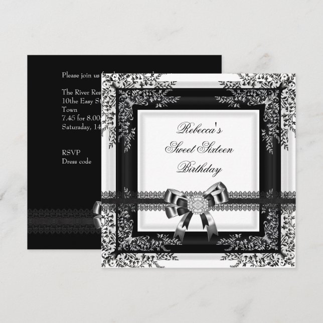 Invitation Douce Seize 16 Noir Blanc Dentelle Floral Diamant (Devant / Derrière)