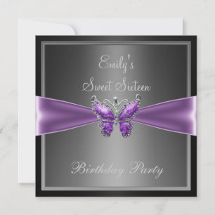 Invitation Douce Seize 16 Noir Gris Violet Papillon Naissance