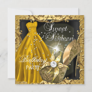 Invitation Douce Seize 16 Robe de soirée dorée pour fête d'an