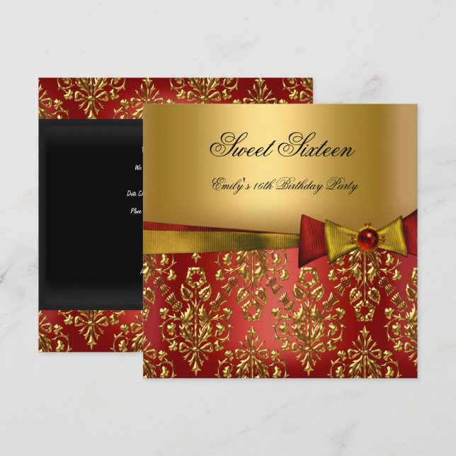 Invitation Douce Seize 16 Rouge Noir Or Damassé Nœud (Devant / Derrière)