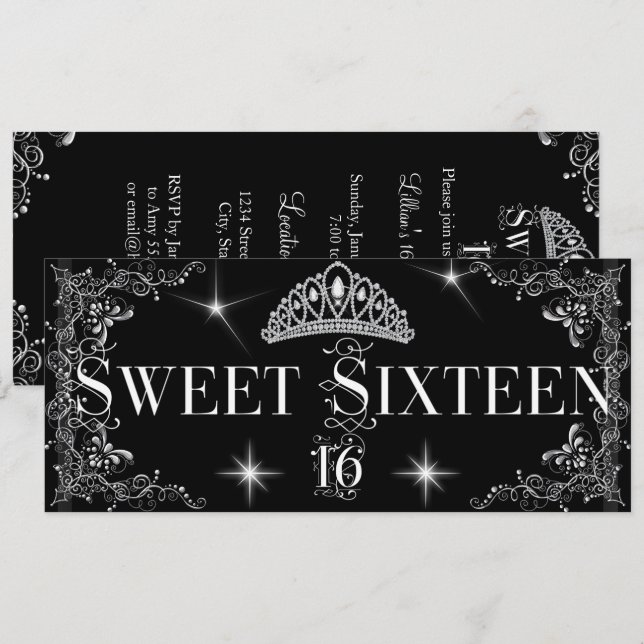 Invitation Douce Seize 16 Royale Noir Couronne d'Argent (Devant / Derrière)