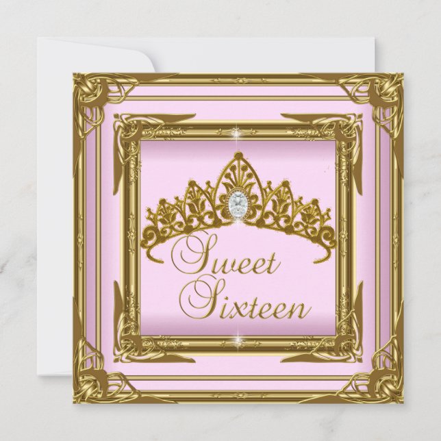 Invitation Douce Seize 16 Tiara Rose Paillettes Dorées (Devant)