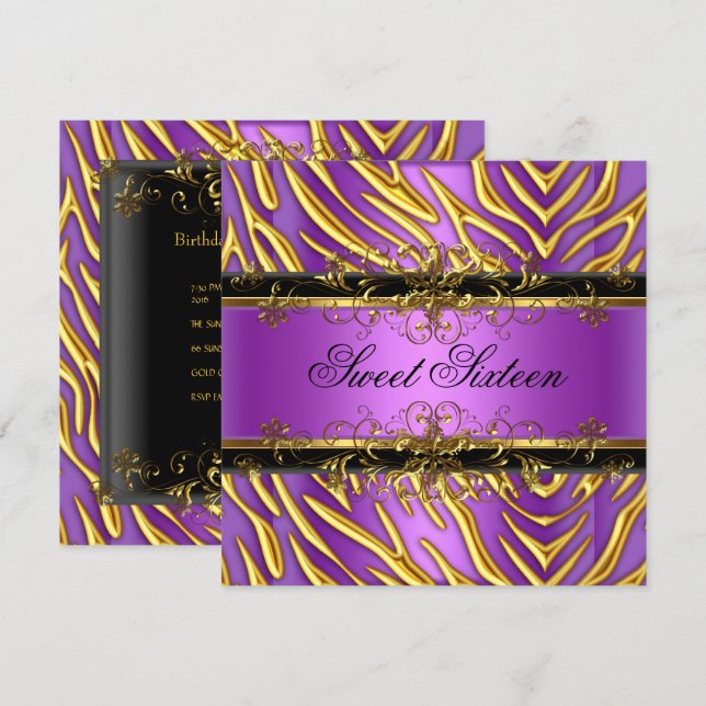 Invitation Douce Seize 16 Zèbre Violet Or Noir (Devant / Derrière)