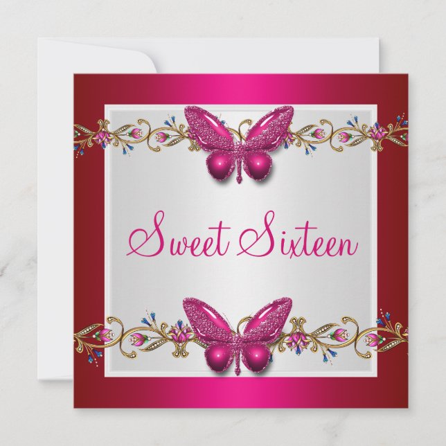 Invitation Douce Seize 16e Anniversaire Papillon Fushia (Devant)