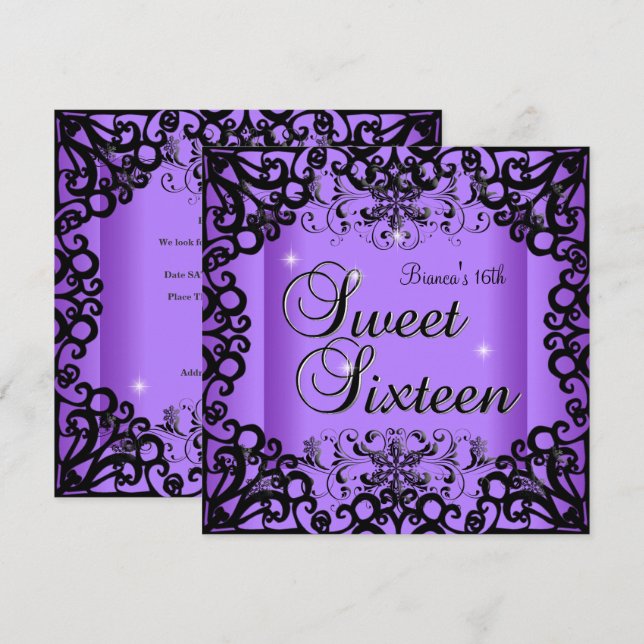 Invitation Douce Seize Ans Anniversaire Noir Violet (Devant / Derrière)