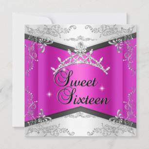 Invitation Douce Seize Ans Couronne Rose Chaude Blanc Noir
