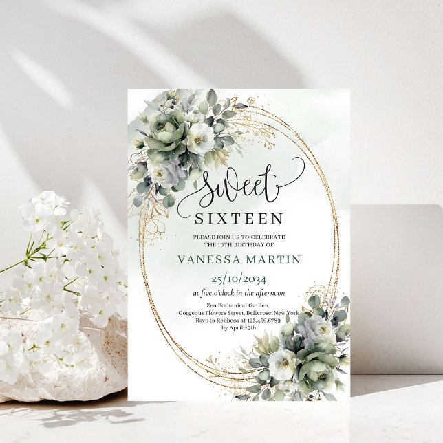 Invitation douce seize ans de verdure et d'or, ver (Greenery And Gold Sweet Sixteen Dusty Green Invite)