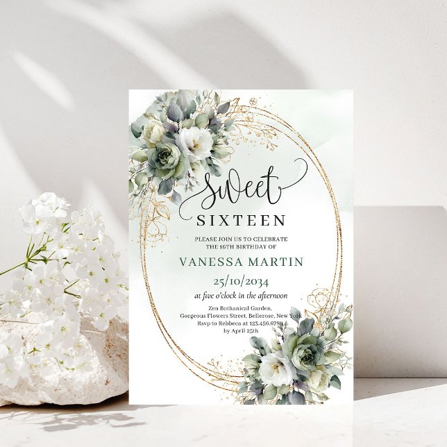 Invitation douce seize ans de verdure et d'or, ver (Greenery And Gold Sweet Sixteen Dusty Green Invite)
