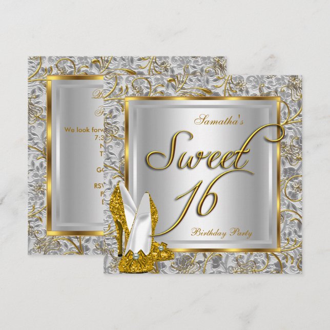 Invitation Douce Seize Ans Fête Or Argent Blanc (Devant / Derrière)