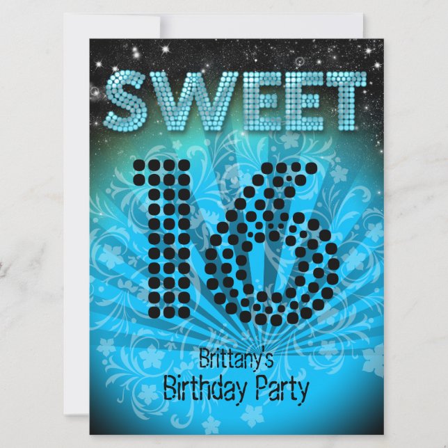 Invitation Douce Seize Ans Fête Sweet 16 Bleu Sarcelle Noir (Devant)