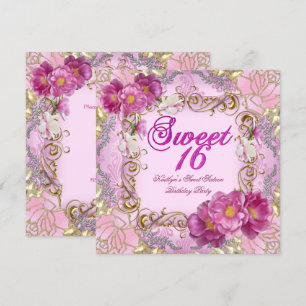 Invitation Douce Seize Ans Fleurs Roses Damassées Dorées