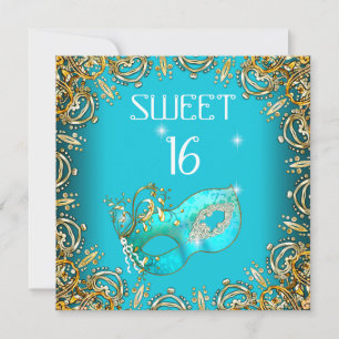 Invitation Douce Seize Ans Mascarade Or Sarcelle