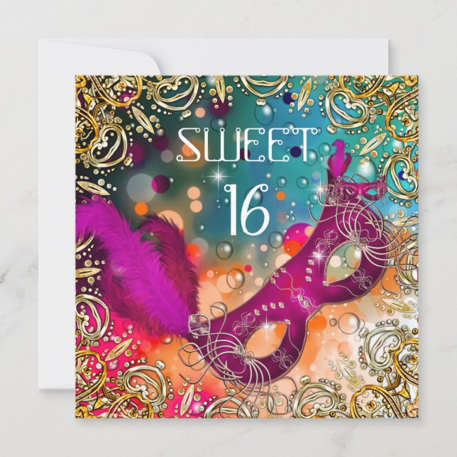 Invitation Douce Seize Ans Mascarade Rose Turquoise (Devant)