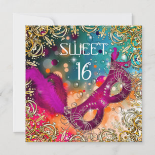Invitation Douce Seize Ans Mascarade Rose Turquoise
