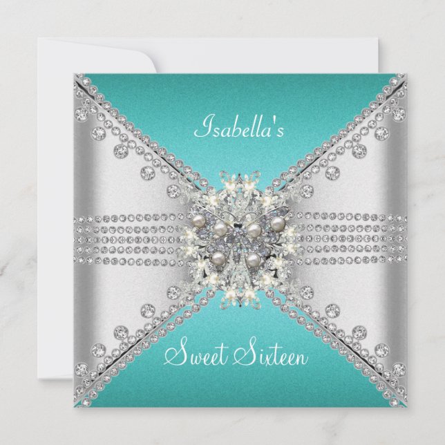 Invitation Douce Seize Ans Papillon Bleu Turquoise Argent (Devant)