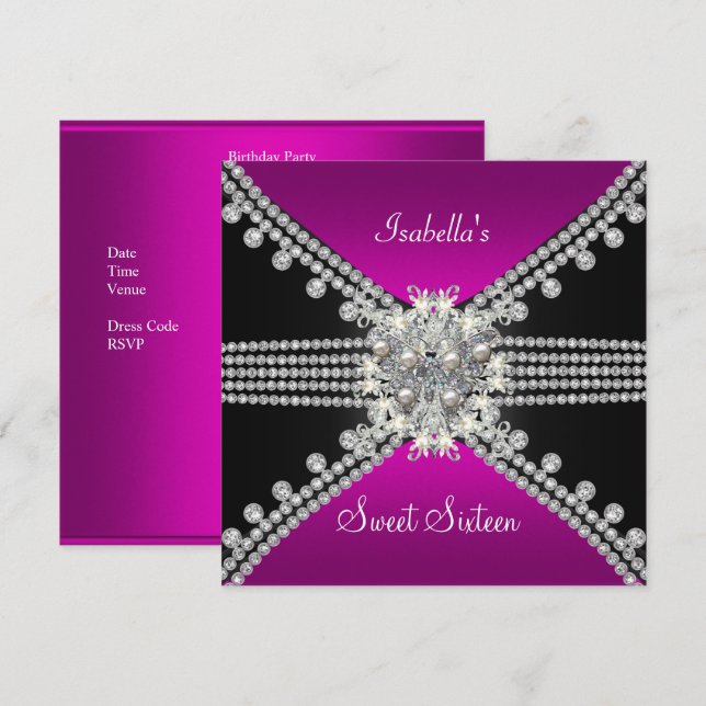 Invitation Douce Seize Ans Papillon Rose Chaude Noir (Devant / Derrière)