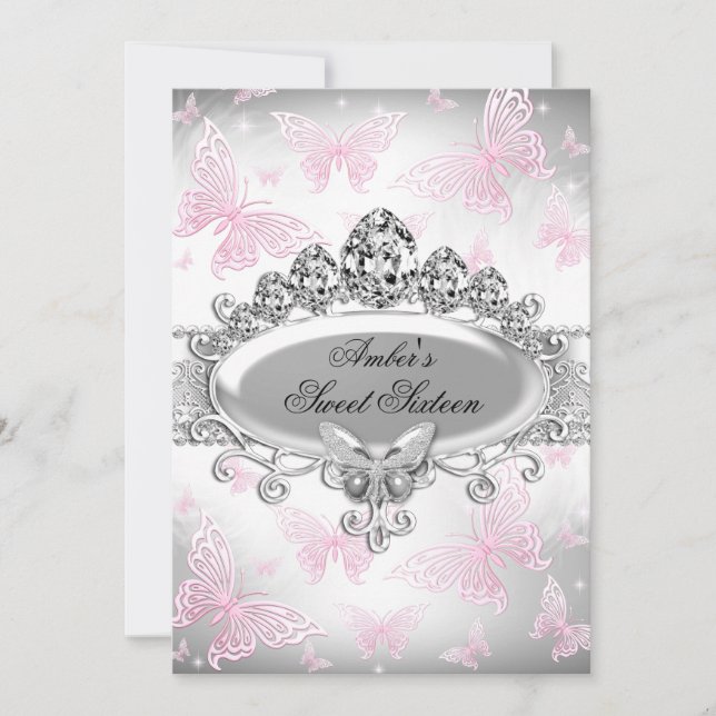 Invitation douce seize ans papillon rose et argent (Devant)