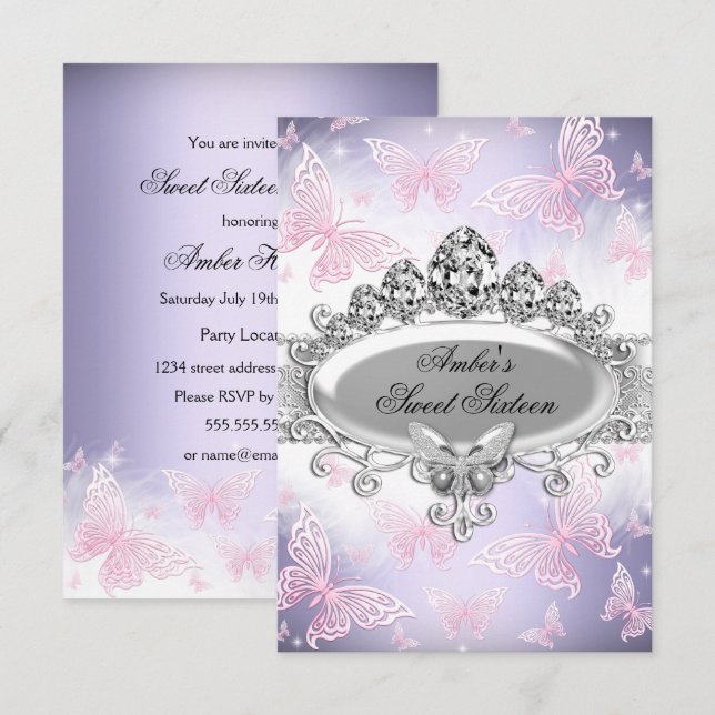 Invitation douce seize ans Papillon Rose & Violet (Devant / Derrière)