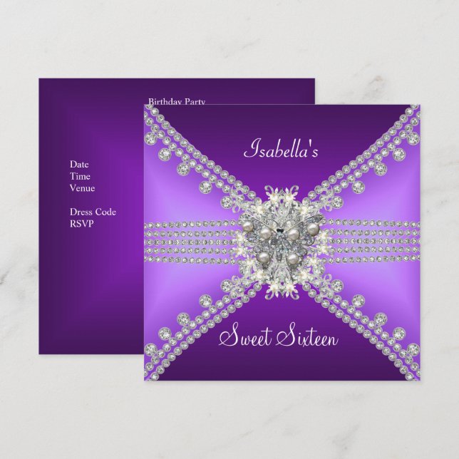 Invitation Douce Seize Ans Papillon Violet Argent 3 (Devant / Derrière)