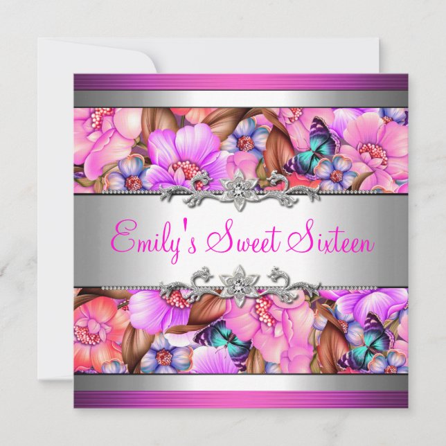 Invitation Douce Seize Ans Rose Argent Floral Diamant bijou (Devant)