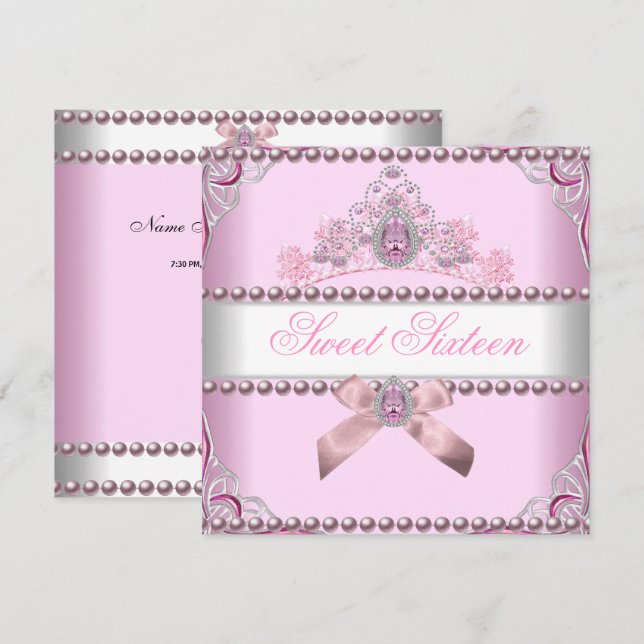 Invitation Douce Seize Ans Sweet 16  Argent Rose Blanc Bijou (Devant / Derrière)