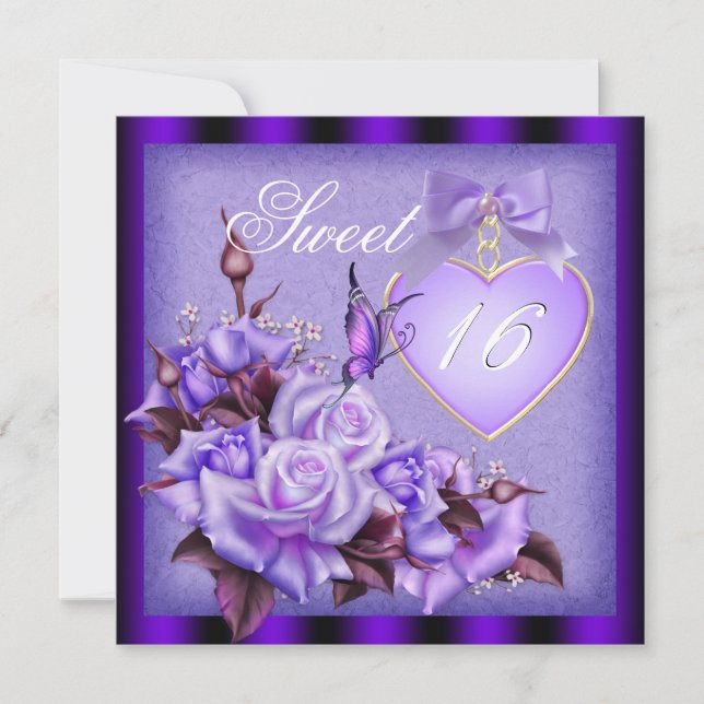 Invitation Douce Seize, Douce 16 Papillon Violet Roses Violet (Devant)