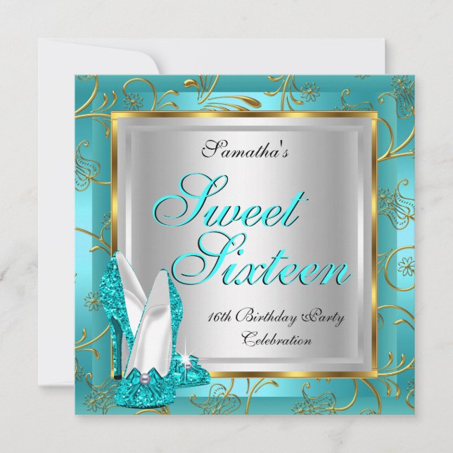 Invitation Douce Seize Fête Sweet 16 Bleu Sarcelle Or Argent (Devant)