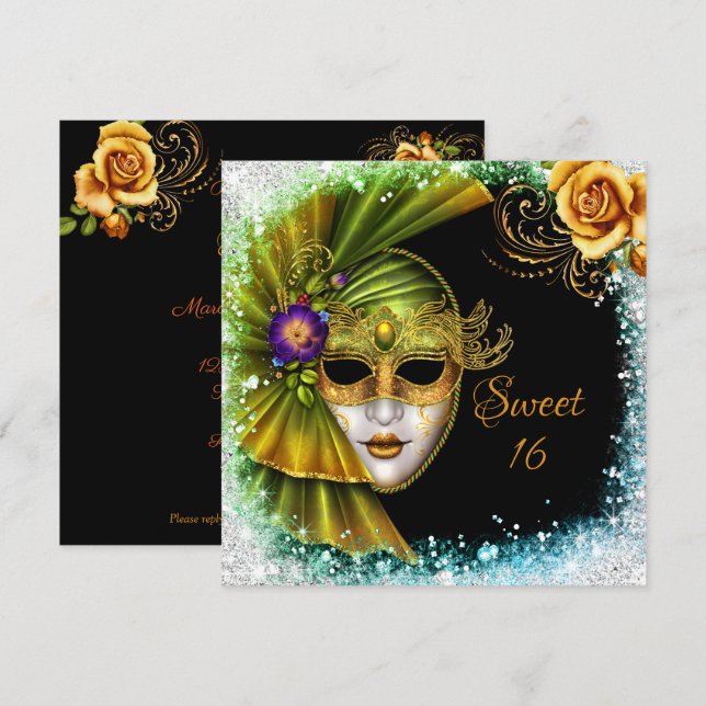 Invitation Douce Seize Mascarade Mardi Gras Or Vert (Devant / Derrière)