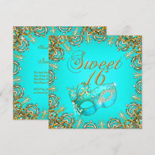 Invitation Douce Seize Mascarade Or Turquoise