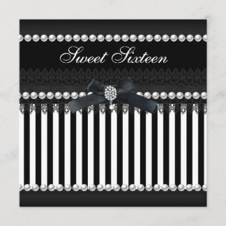 Invitation Douce Seize Seize Noir Blanc Rayure Perle Dentelle