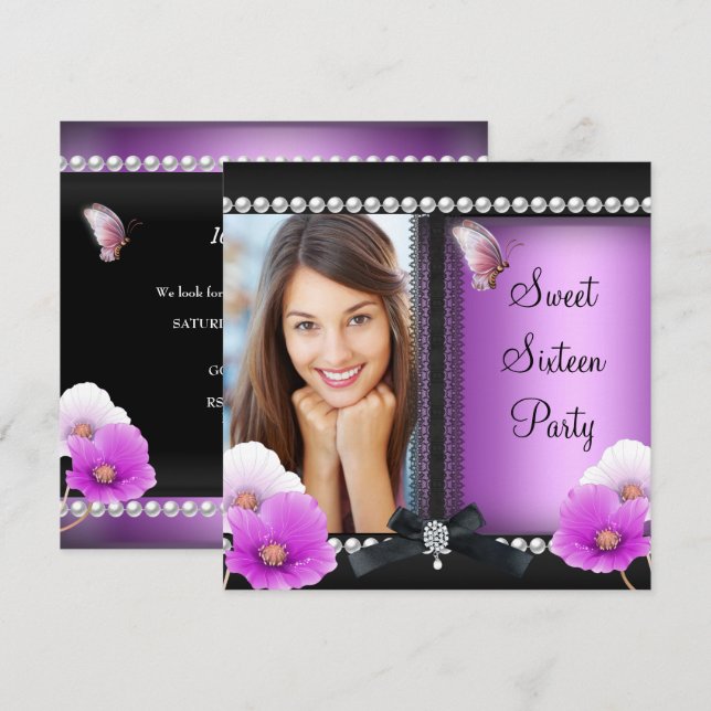 Invitation Douce seize Seize Papillon Rose Violet Noir (Devant / Derrière)