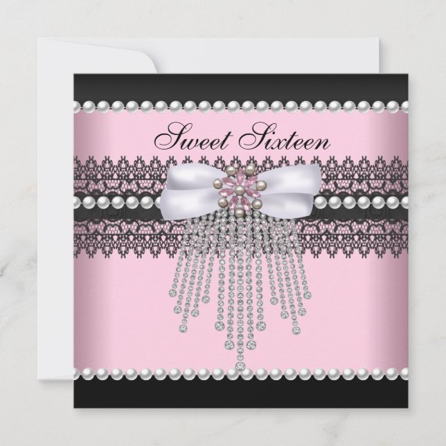 Invitation Douce seize Seize Rose Noir Perle Dentelle Diamant (Devant)