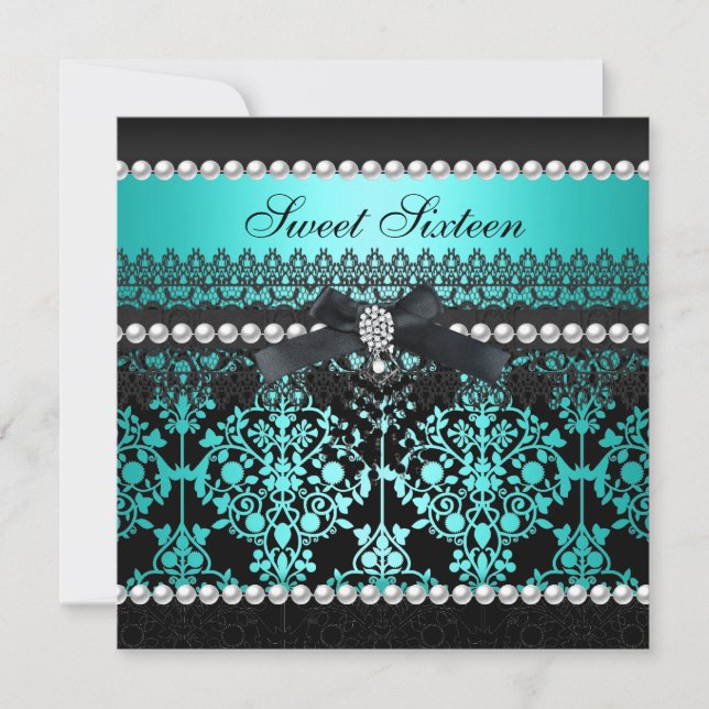 Invitation Douce Seize Seize Turquoise Noir Perle Dentelle Da (Devant)