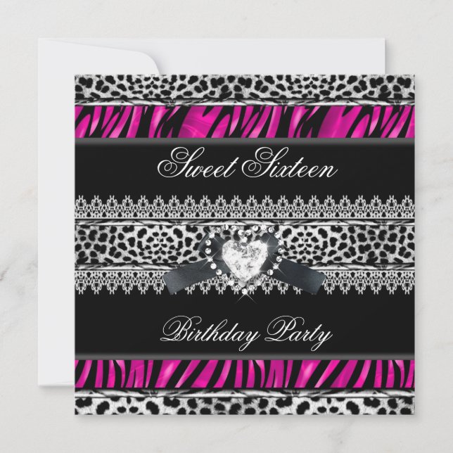 Invitation Douce Seize Zèbre Léopard Rose Noir Diamant (Devant)