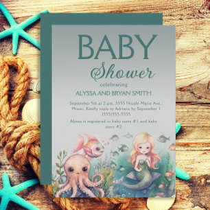 Invitation Douce sirène sous-marine bébé dauphin poulpe Fête 