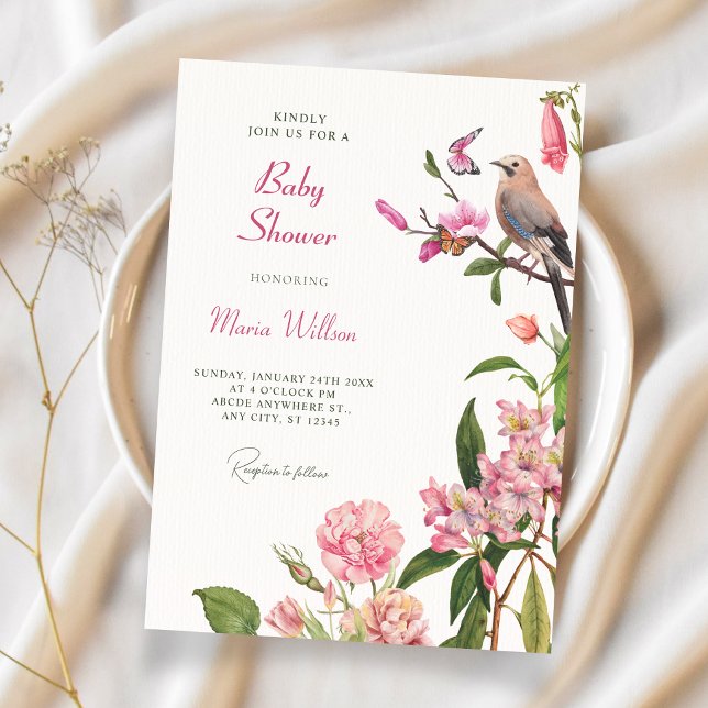 Invitation Douce soirée bébé art oiseau floral (Créateur téléchargé)